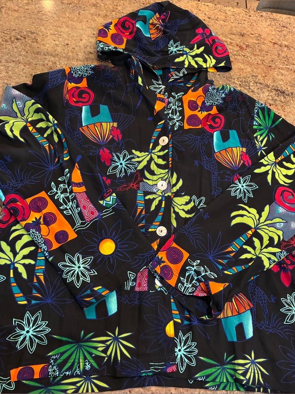 Paradiso Tropical Hoodie Button-Up Shirt - Black with Neon Floral Print, size: L - Picture 7 of 12